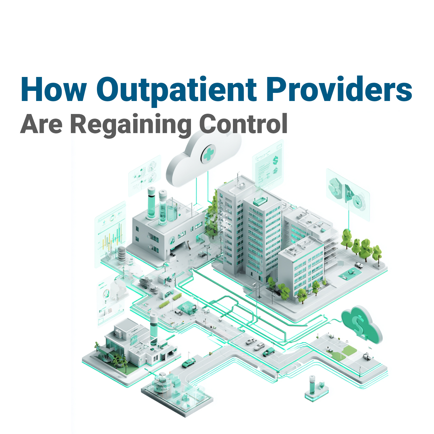 Isometric illustration of a modern outpatient infusion center connected by digital data lines representing strategic rebate management and healthcare revenue optimization.