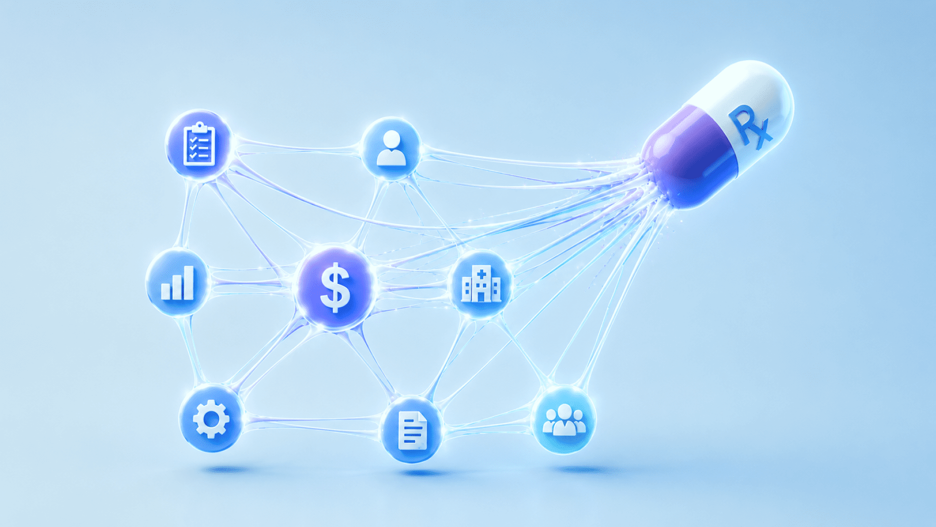 A 3D illustration on a purple-to-blue gradient background depicting a network of glowing glassmorphism nodes representing healthcare operations: a checklist, user profile, bar chart, dollar sign, hospital building, gear, document, and group of people. The interconnected nodes converge into a large translucent "Rx" capsule, shown fracturing apart on the right side. The image visually represents the strain placed on interconnected operational systems as specialty drug spending accelerates.