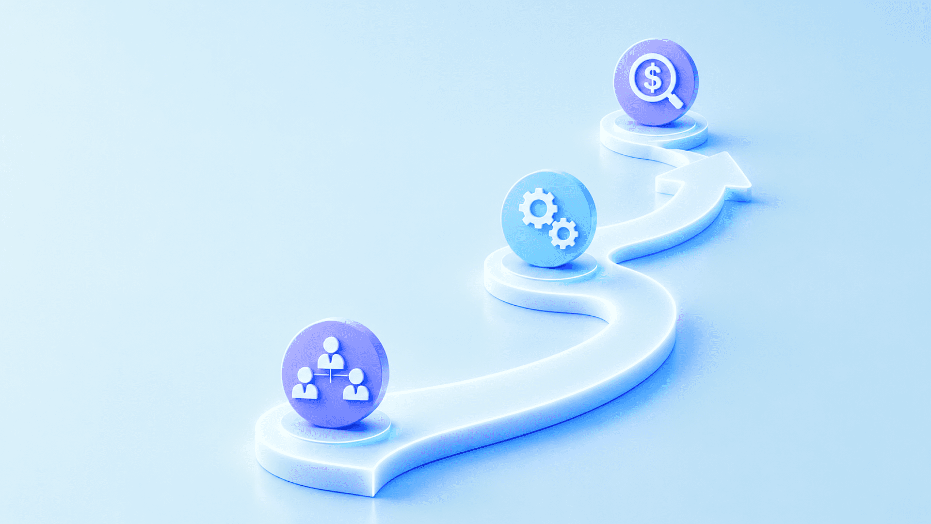 A 3D illustration on a purple-to-blue gradient background depicting a glowing winding pathway with an arrow, leading through three milestone circles: an organizational chart icon (team structure), a gear icon (operational process), and a magnifying glass with a dollar sign (financial review). The image visually represents a journey through organizational transitions, illustrating how operational changes along the path can create hidden financial risk if not properly monitored.