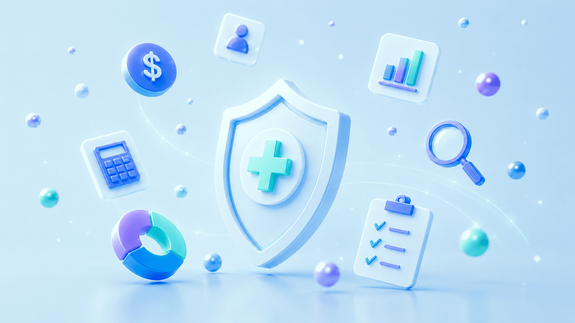 A 3D illustration on a purple-to-blue gradient background featuring a large medical shield with a green cross at its center, surrounded by floating icons representing healthcare administration: a dollar coin, a user profile, a bar chart, a magnifying glass, a checklist clipboard, a donut chart, and a calculator. Small spheres and a glowing orbital path connect the elements. Rendered in a soft glassmorphism style with purple, blue, and teal tones, the image symbolizes accuracy and protection in Medicare Advantage payment management.