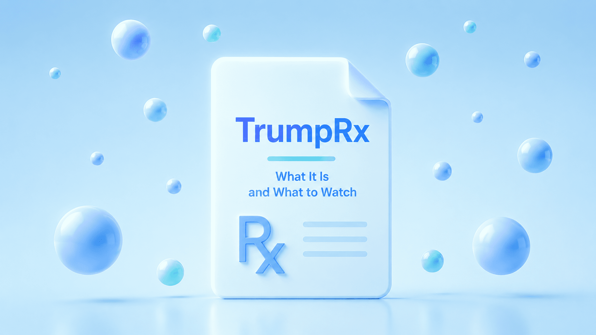A 3D illustration on a purple-to-blue gradient background featuring a large white document card with a folded corner, titled "TrumpRx" with the subtitle "What It Is and What to Watch," and an Rx prescription symbol with horizontal text lines below. Floating glossy spheres in purple and blue tones surround the card. The minimalist glassmorphism style conveys an informational article about the TrumpRx policy initiative.