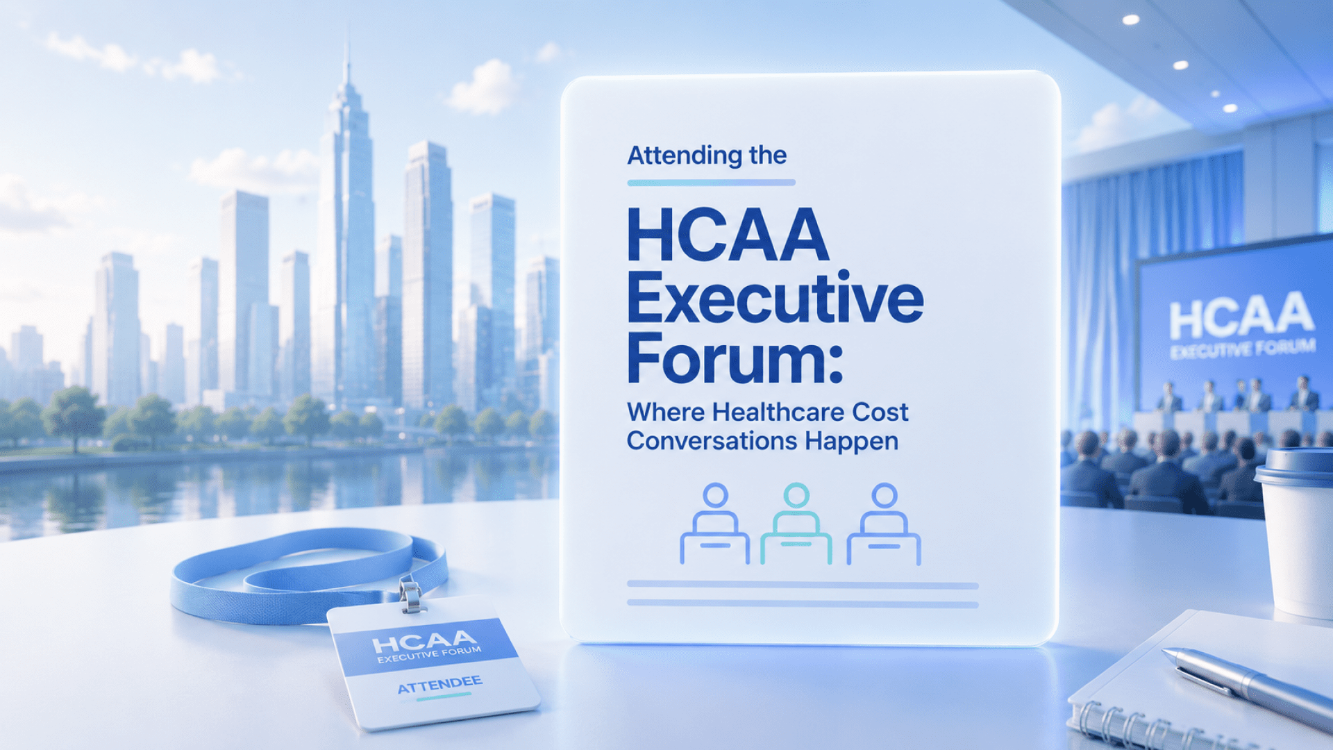A composite image with a city skyline and waterfront in the background, blending into a conference scene with attendees seated before a stage displaying "HCAA Executive Forum." A glassmorphism card overlays the center with the text "Attending the HCAA Executive Forum: Where Healthcare Cost Conversations Happen," accompanied by a panel icon of three people. In the foreground, a purple lanyard with an "HCAA Executive Forum Attendee" badge rests on a white table beside a notebook and pen.