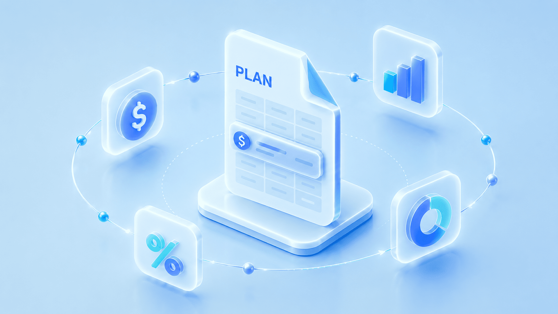 A 3D isometric illustration on a purple-to-blue gradient background showing a large document labeled "PLAN" with rows of data and a highlighted dollar-sign line item. Four glassmorphism cards orbit around it, connected by a glowing dotted circular path, displaying icons for a dollar coin (cost), a bar chart (trends), a percentage symbol (rates), and a donut chart (distribution). The image represents rebate transparency data becoming embedded within the formal plan document.