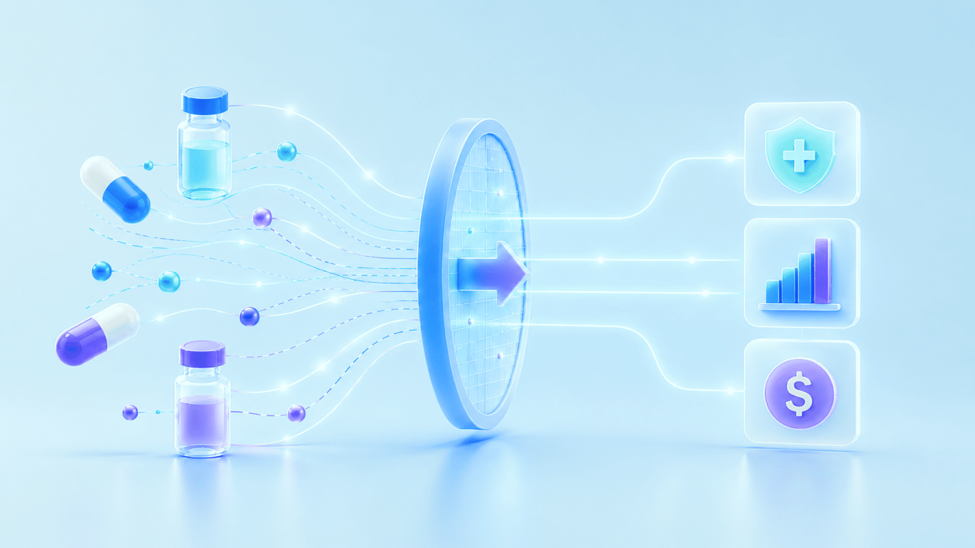 A 3D illustration on a pink-to-blue gradient background showing pharmaceutical vials and capsules connected by glowing light trails that funnel into a translucent portal with an arrow, symbolizing a transformation or negotiation process. Light streams emerge from the portal into three glassmorphism cards displaying icons for medical protection (shield with cross), an ascending bar chart, and a dollar coin. The image visually represents the flow of drug pricing data through negotiation into coverage, performance, and cost outcomes.