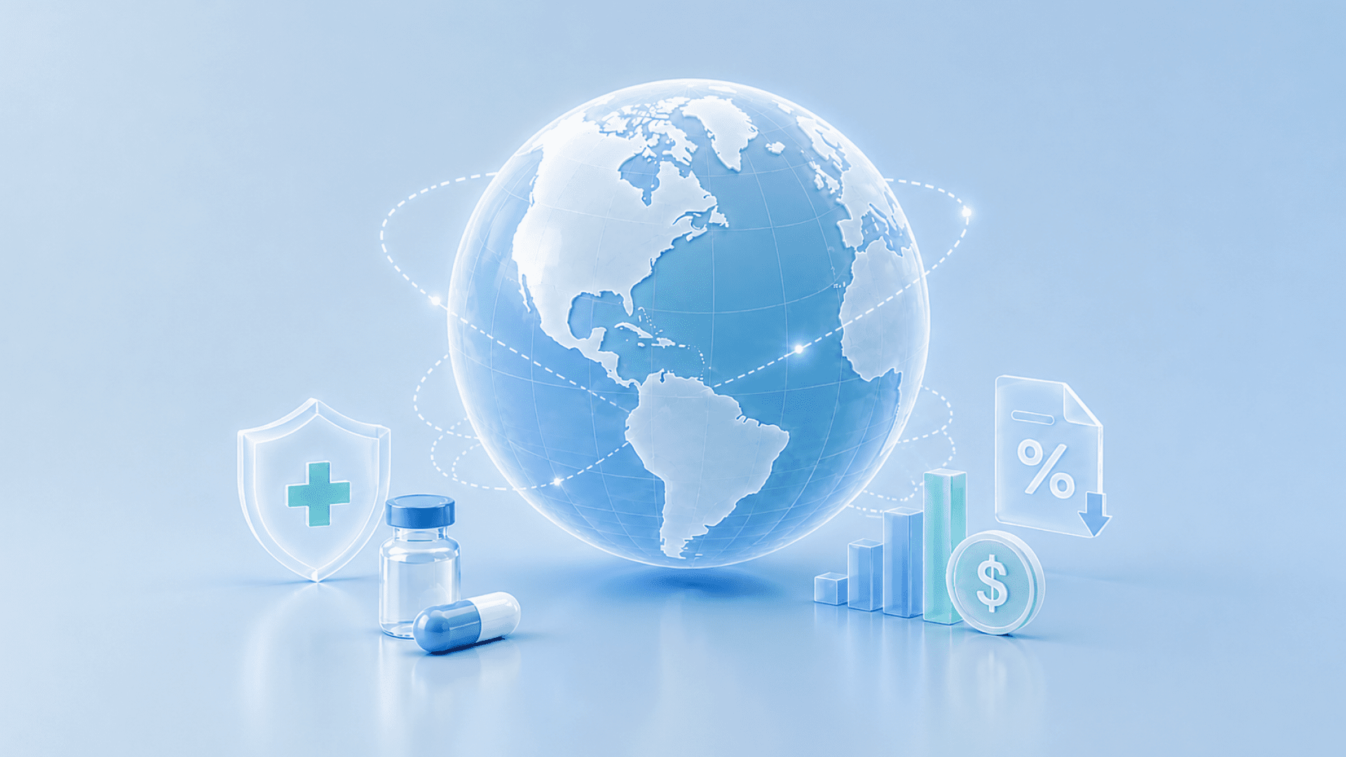 A 3D illustration of a glowing translucent globe centered on the Americas, encircled by a dashed orbital ring, representing global pharmaceutical trade. To the left, a medical shield with a cross icon, a vial, and a capsule symbolize healthcare protection. To the right, an ascending bar chart, a dollar coin, and a document with a percentage and downward arrow represent cost and tariff impact. Rendered in a soft blue and lavender glassmorphism style, the image conveys the relationship between global pharma tariffs and specialty drug cost management.
