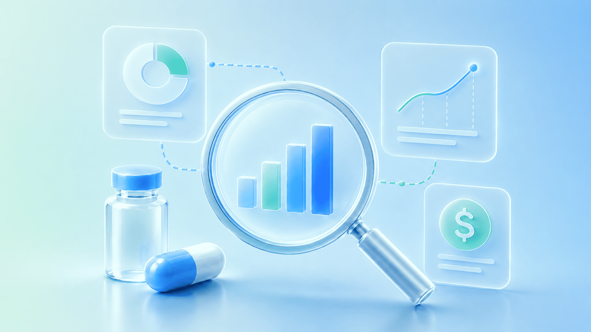 A 3D illustration showing a pharmaceutical vial and capsule beside a large magnifying glass revealing an ascending bar chart, symbolizing close analysis of pricing data. Three glassmorphism cards float around it, displaying a donut chart, an upward trend line graph, and a dollar sign icon. Rendered in a soft blue and white palette, the image represents the growing measurability and transparency of the specialty drug rebate gap.