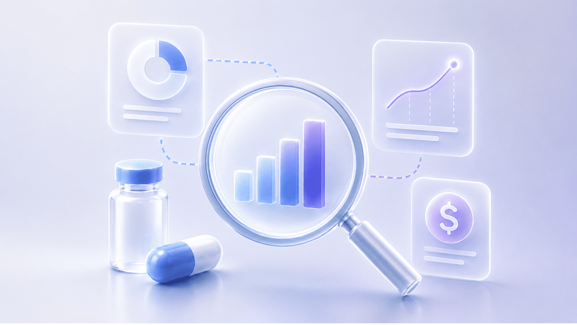 A 3D illustration showing a pharmaceutical vial and capsule beside a large magnifying glass revealing an ascending bar chart, symbolizing close analysis of pricing data. Three glassmorphism cards float around it, displaying a donut chart, an upward trend line graph, and a dollar sign icon. Rendered in a soft blue and white palette, the image represents the growing measurability and transparency of the specialty drug rebate gap.