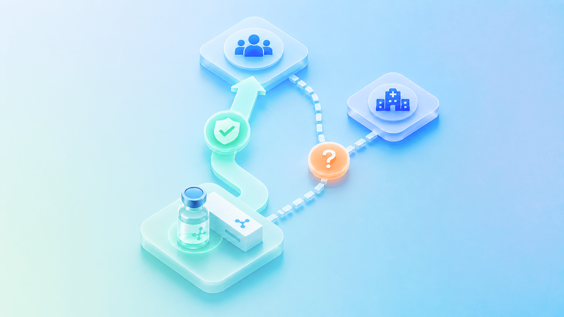 A 3D isometric illustration depicting a biosimilar strategy flowchart. A pharmaceutical vial with a molecule icon sits at the starting point, connected by a glowing teal arrow path through a checkmark shield icon, leading upward to a group of people icon on a glassmorphism card. A dashed line branches off toward an orange question mark circle, which connects to a hospital building icon on a pink glassmorphism card. The background blends soft gradients of teal, blue, and pink, representing the decision pathway between biosimilar adoption, patient access, and healthcare provider involvement.