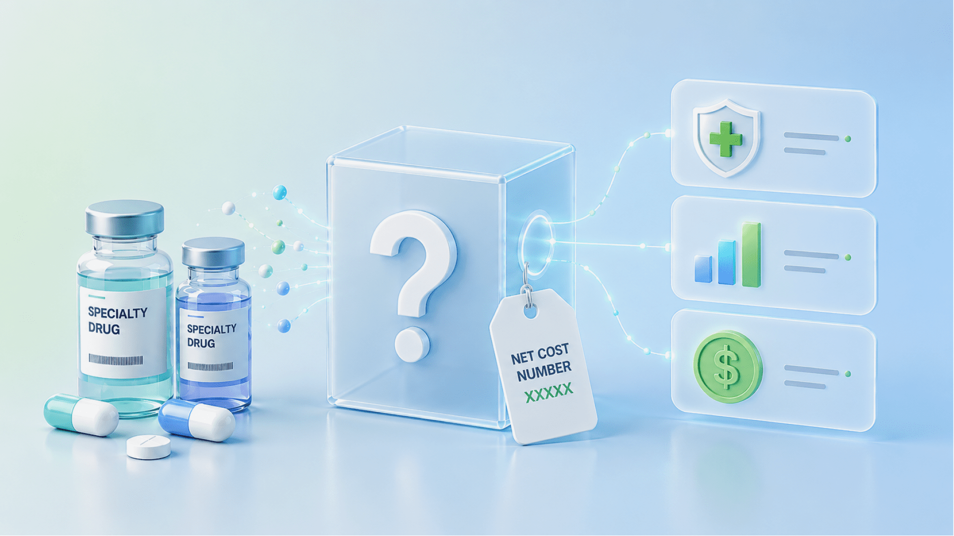 A 3D illustration on a pink-to-blue gradient background showing two vials labeled "Specialty Drug" alongside pills and capsules, with glowing particles flowing into a translucent glass cube marked with a large question mark. A tag reading "Net Cost Number XXXXX" hangs from the cube, connected by light trails to three glassmorphism cards displaying icons for health protection (shield with cross), data trends (bar chart), and cost (dollar coin). The image visually represents the uncertainty and breakdown of specialty drug net cost calculations.